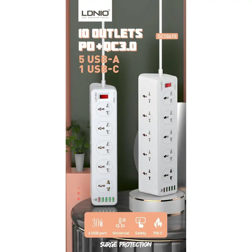 LDNIO SC10610: Ultimate Power Strip with 10 Power Sockets, 5 USB Ports, and Type-C PD Charging 2500W - 2M White image 2