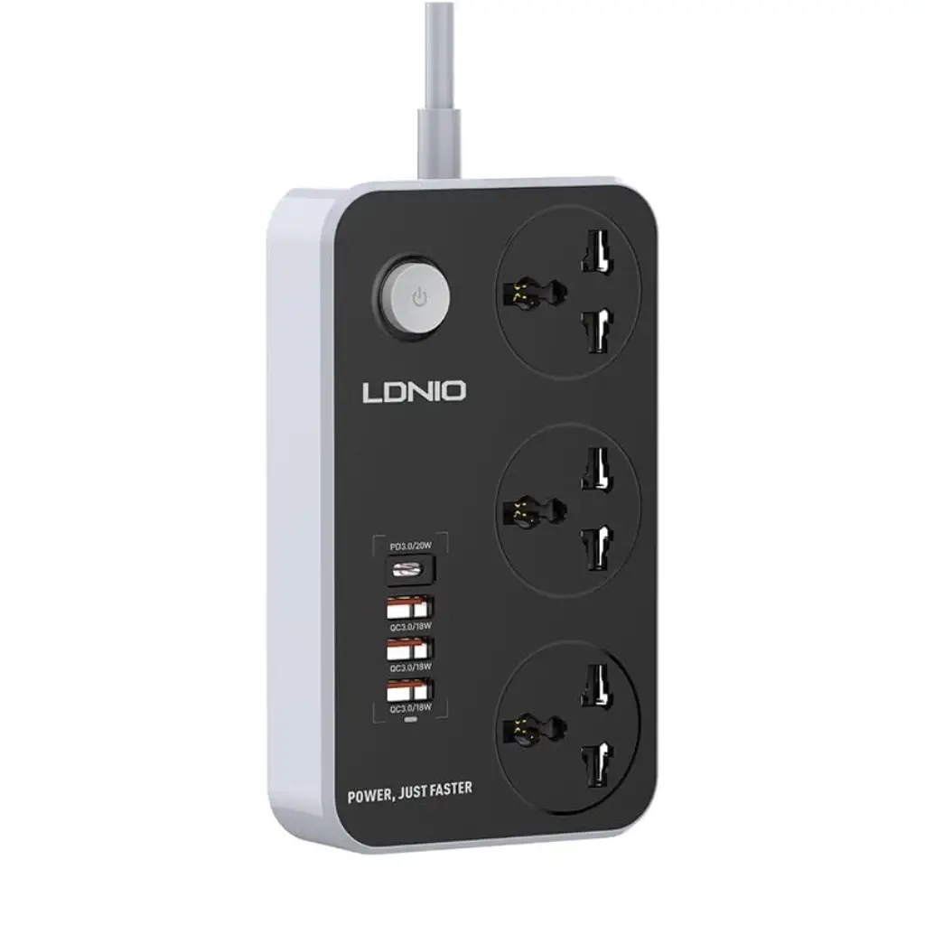 LDNIO SC3412 Power Strip With 3 Power Sockets (3 USB Port 18W, Fast Charging USB-C 20W) 2500 Watt - Black