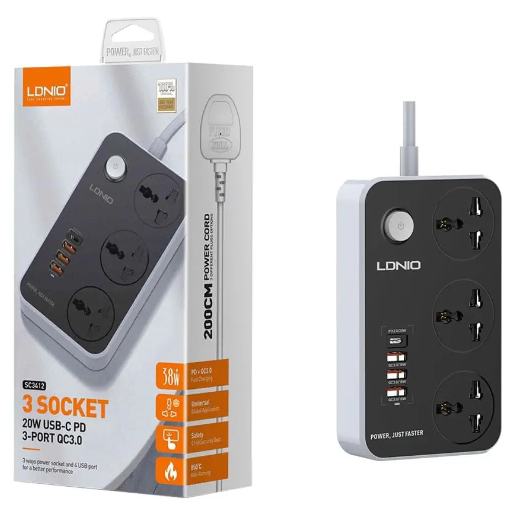 LDNIO SC3412 Power Strip With 3 Power Sockets (3 USB Port 18W, Fast Charging USB-C 20W) 2500 Watt - Black image 4