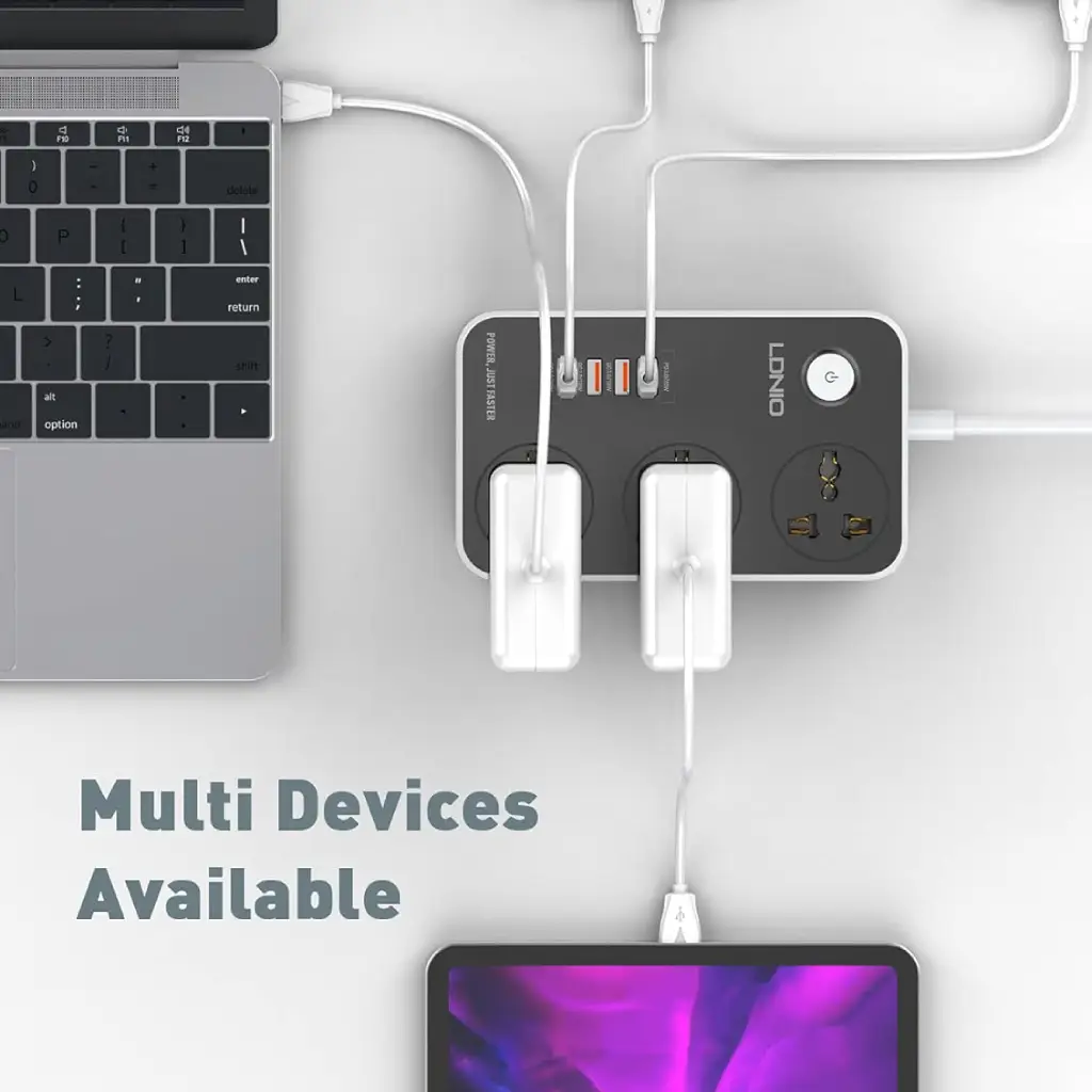 LDNIO SC3412 Power Strip With 3 Power Sockets (3 USB Port 18W, Fast Charging USB-C 20W) 2500 Watt - Black image 3