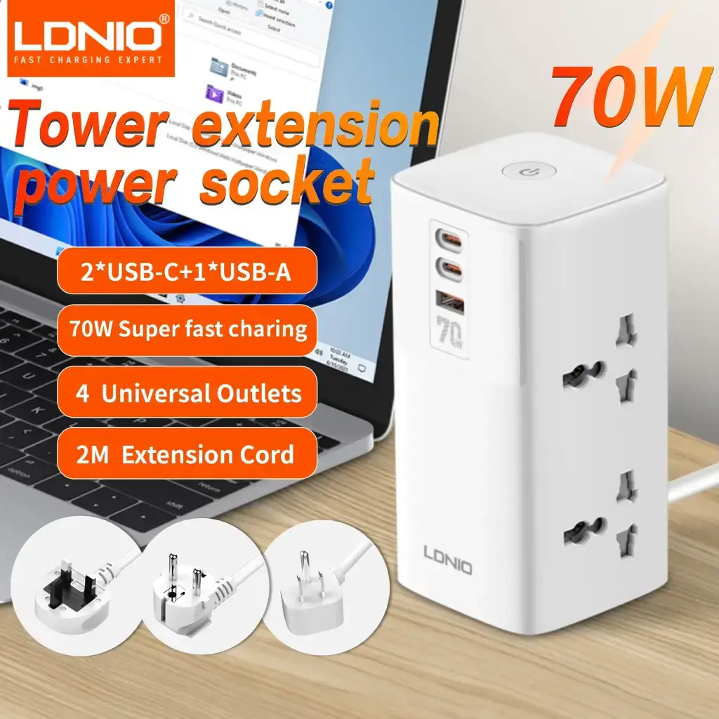 LDNIO SC4383, 4 Power Ports, 70W 2 USB-C PD Ports & 1 USB Port - Ultimate Charging Station image 2